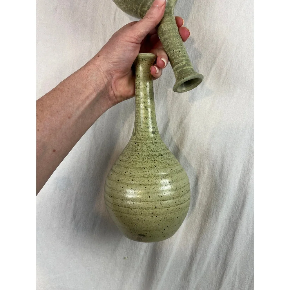 Studio Pottery Bud Vases Pair Sage Green Speckled Glaze Signed Ceramic 9.5